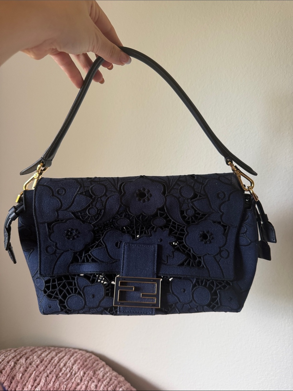 Fendi Navy Floral Appliqué Shoulder Bag with Gold Hardware